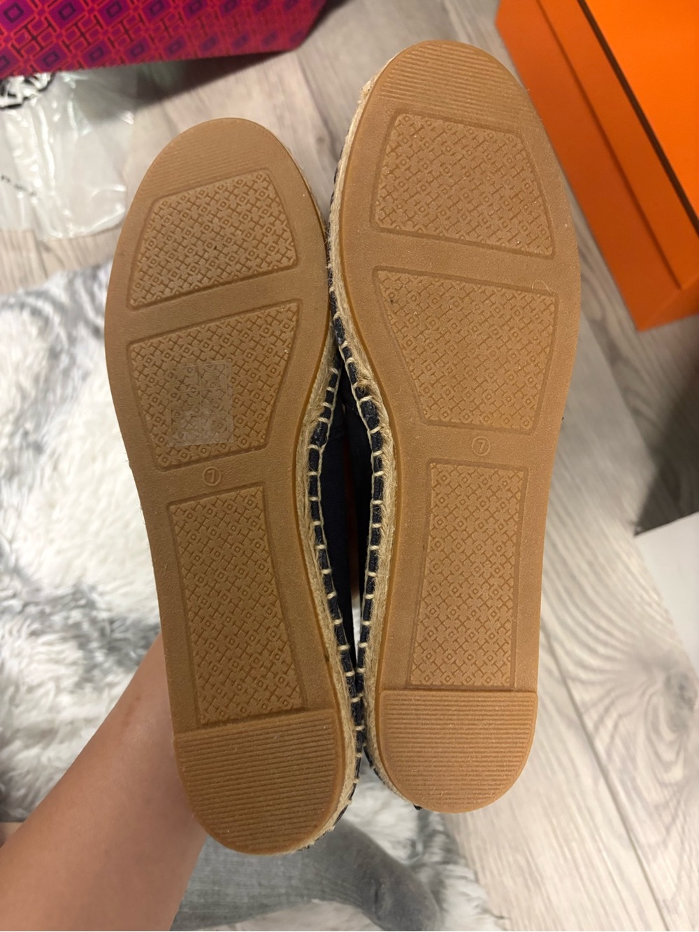 Tory Burch Navy Canvas Espadrille Slip-Ons with Black Logo - Picture 2 of 3